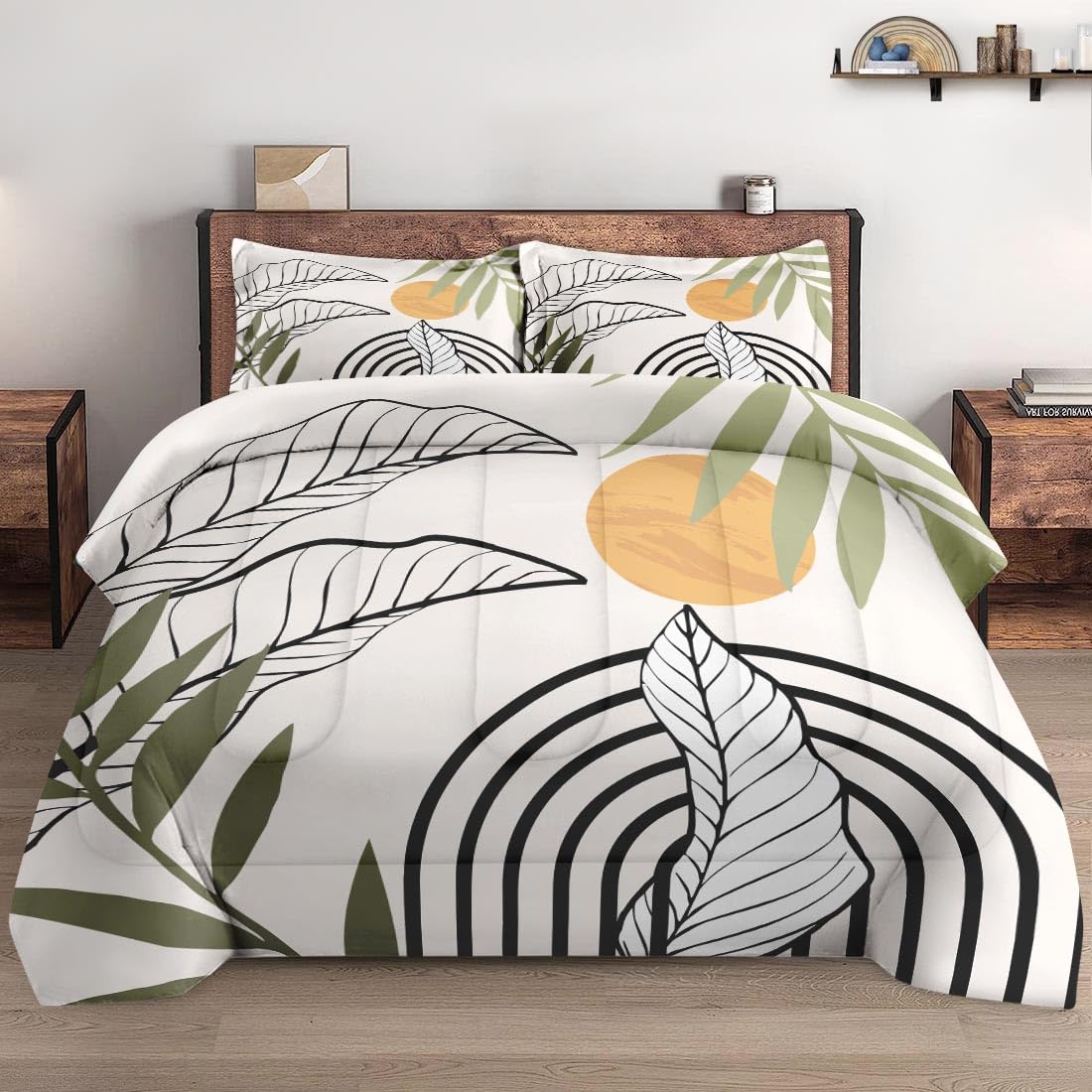 WeCozy Comforter Set Twin Size with Pillowcase Mid Century Leaf 2 Pcs Bedding Set for Kids and Adults Summer Green Geometric Soft Comforter Set for Bedroom Bed Decor