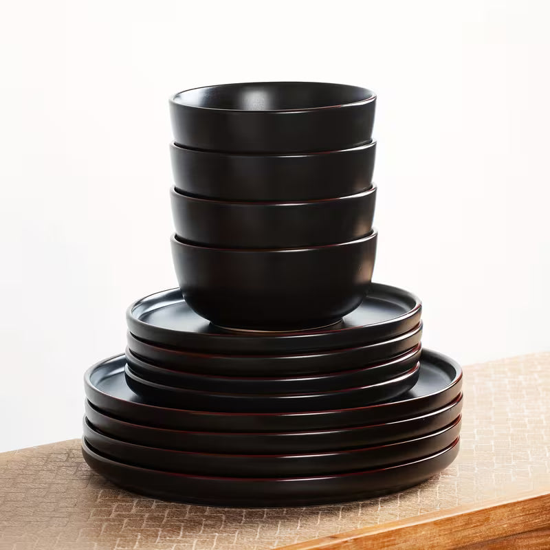 RICHMOUNT 12-Piece Matte Black Stoneware Dinnerware Set