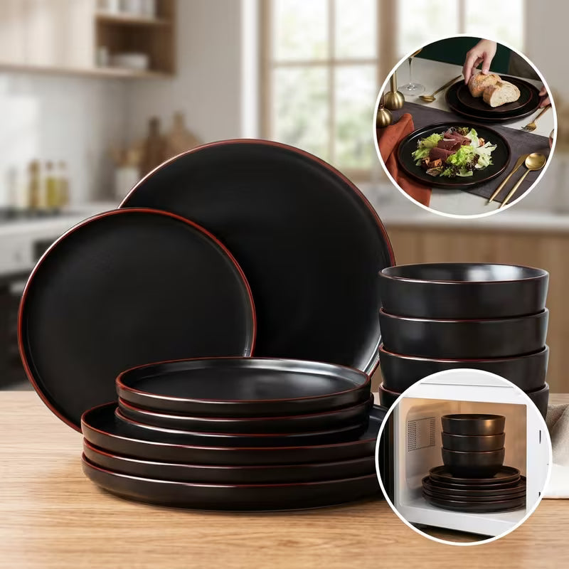 RICHMOUNT 12-Piece Matte Black Stoneware Dinnerware Set
