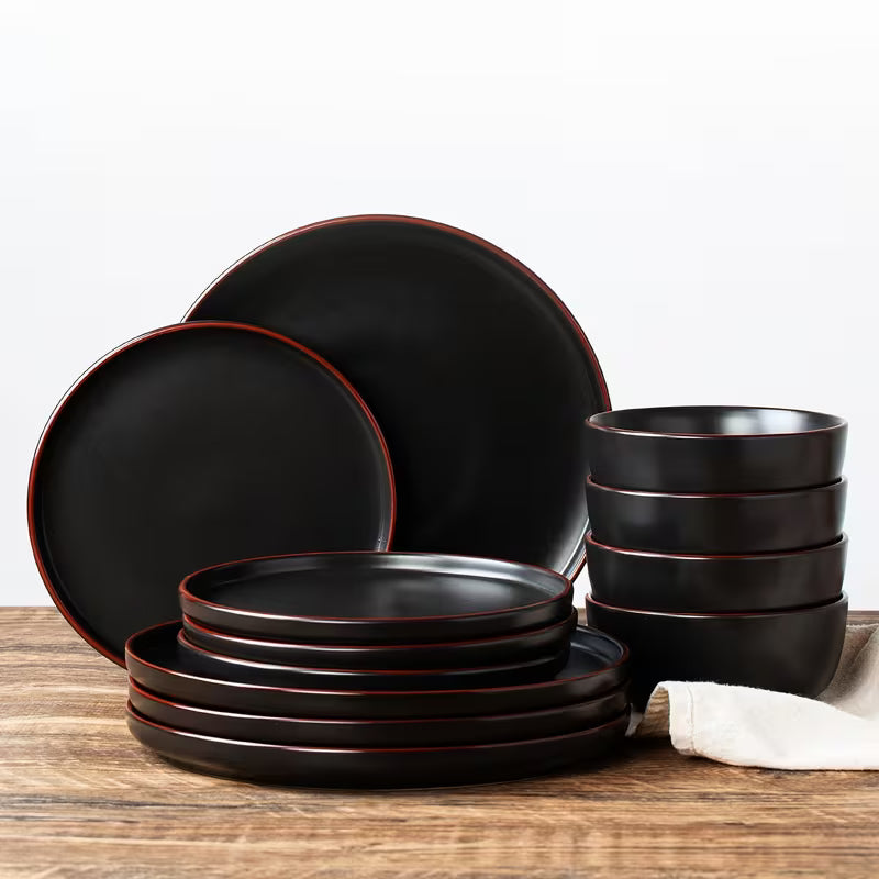 RICHMOUNT 12-Piece Matte Black Stoneware Dinnerware Set